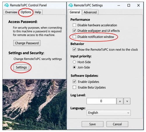 RemoteToPC connection notification